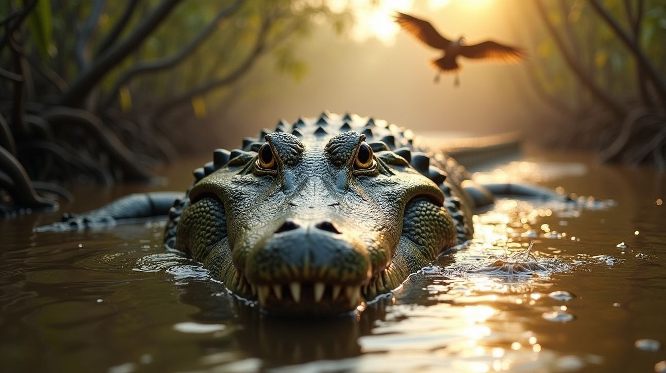 Crocodilo na água com sol poente ao fundo, enquanto uma ave voa acima.