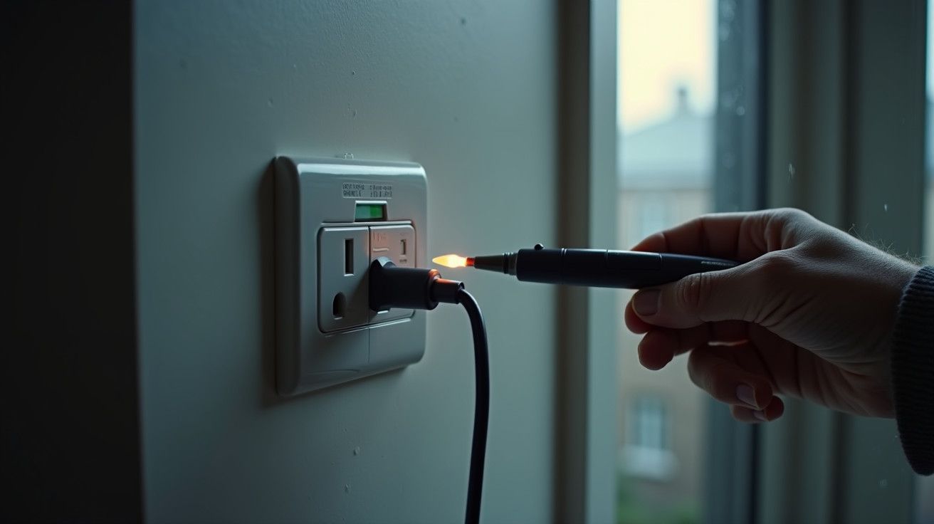 Pessoa segurando uma caneta de teste elétrica acesa próxima a uma tomada na parede.