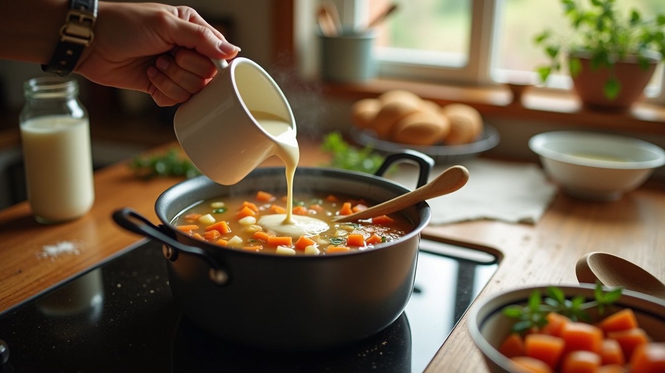 Pessoa adiciona leite a uma panela com sopa de legumes em cozinhar doméstica iluminada pelo sol.