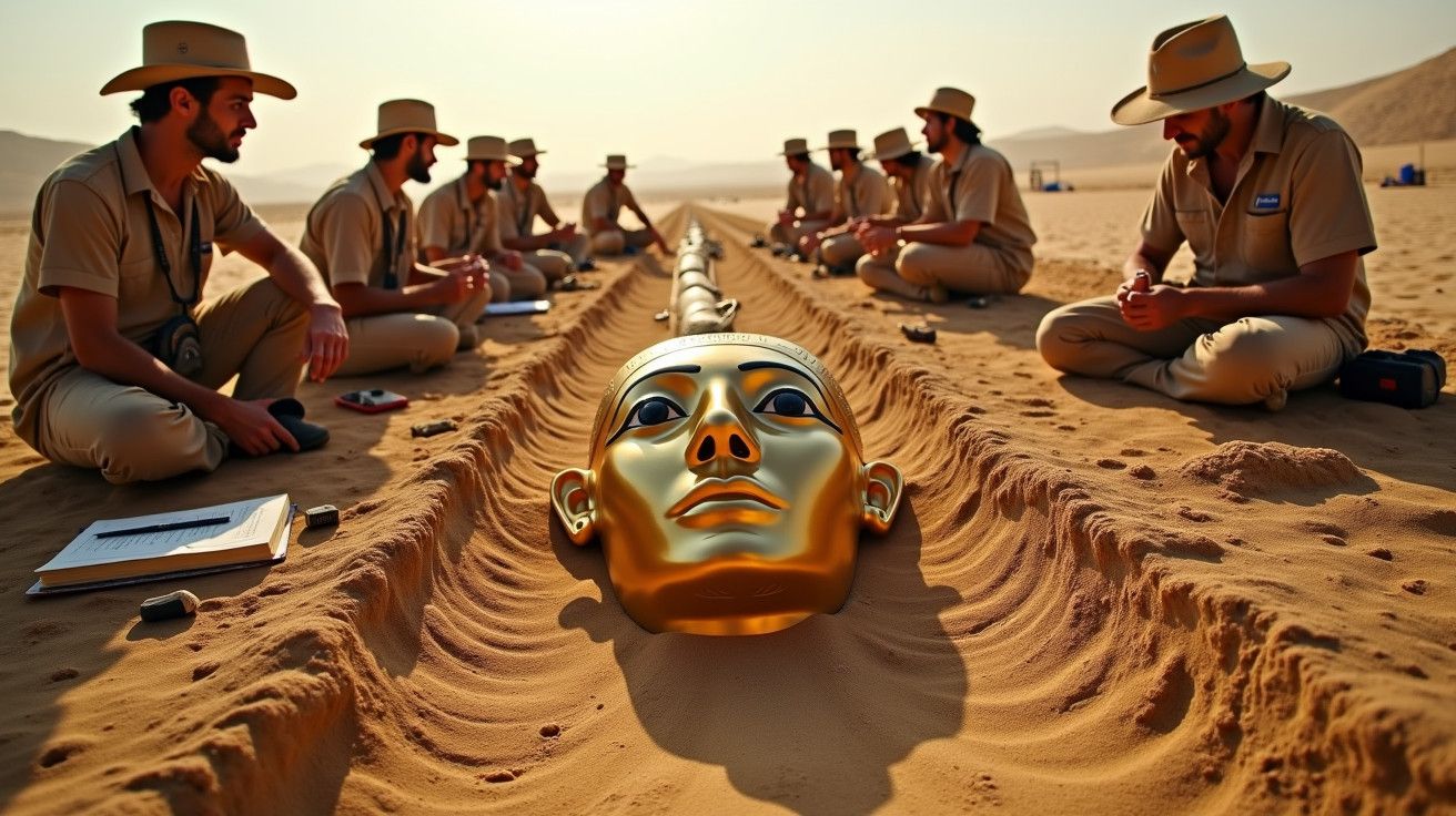 Arqueólogos de chapéu e uniforme beige analisam máscara dourada gigante em escavação no deserto.