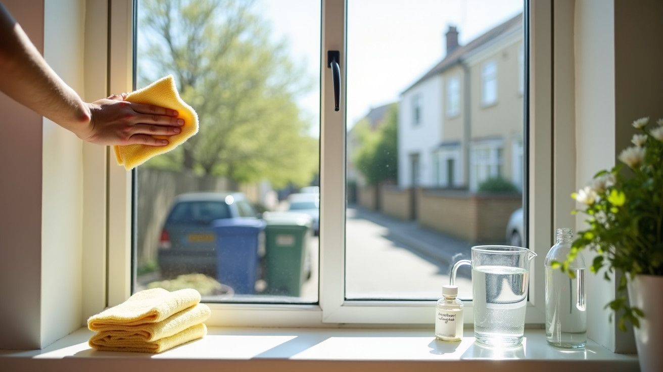 Pessoa a limpar janela com pano amarelo; exterior mostra rua residencial. No parapeito, água e produto de limpeza.
