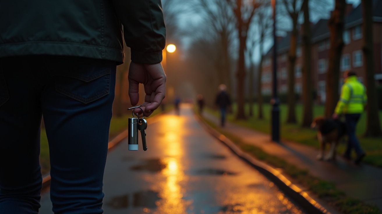 Pessoa segurando chaveiro numa rua molhada e iluminada à noite, com transeuntes e prédios ao fundo.