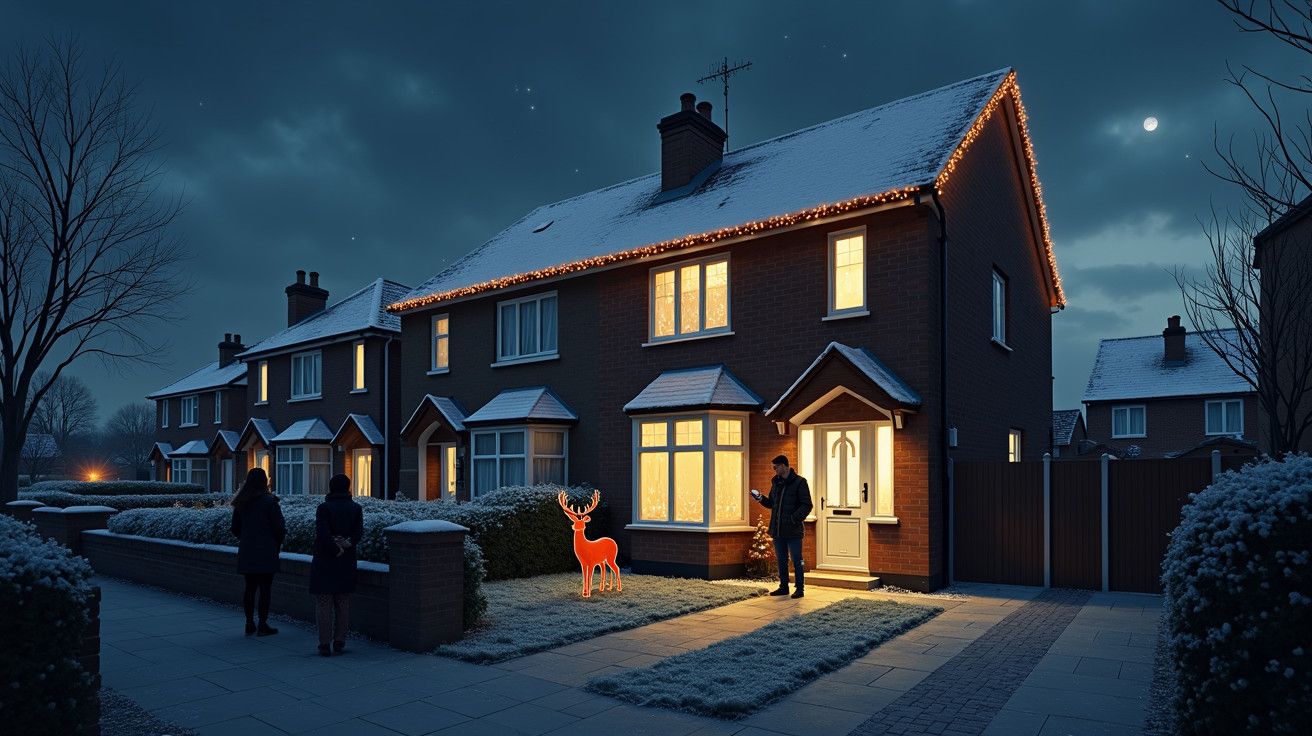 Casas cobertas de neve à noite, luzes natalinas, renas luminosas e pessoas à porta de entrada.