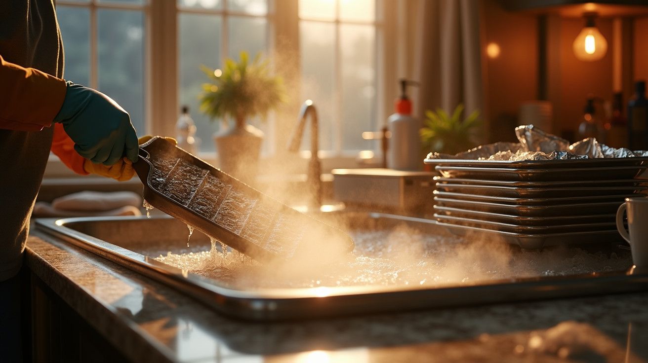 Pessoa lava grelha com vapor na cozinha, rodeada por pratos empilhados, à luz do entardecer.
