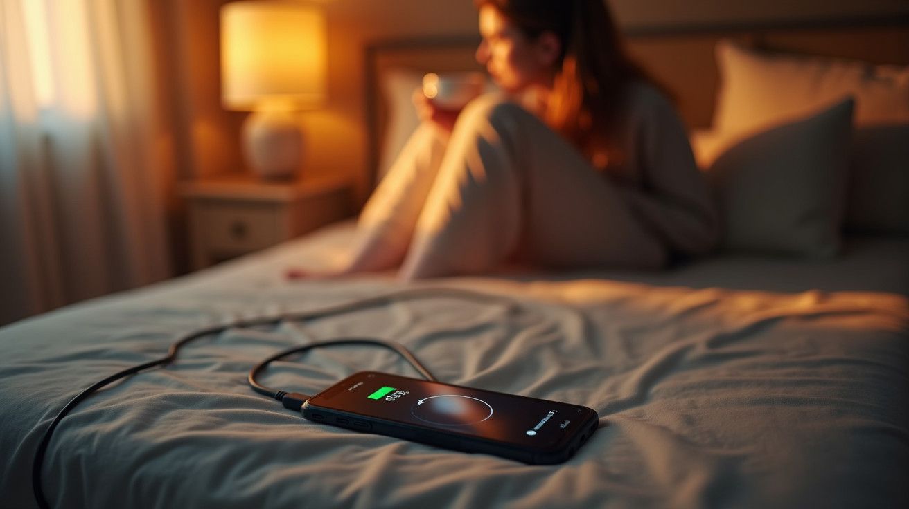 Telemóvel a carregar na cama, em primeiro plano, com uma mulher desfocada ao fundo a segurar uma chávena.