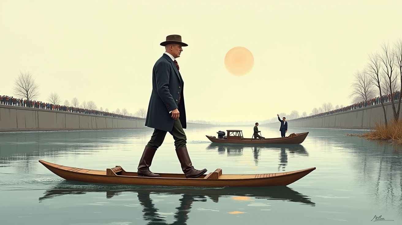 Homem de chapéu caminha em prancha sobre água, enquanto duas pessoas num barco ao fundo acenam sob um sol pálido.
