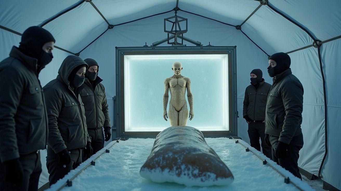 Homens vestidos de frio observam um manequim num recinto iluminado por trás, com neve ao redor, numa tenda.