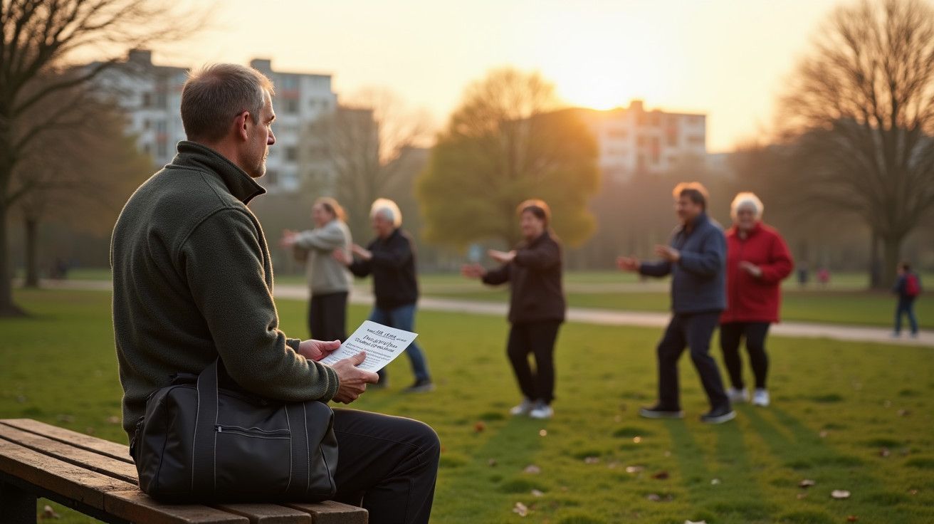 Homem sentado em banco no parque, segurando papel, observa grupo de pessoas a praticar exercício ao ar livre ao amanhecer.