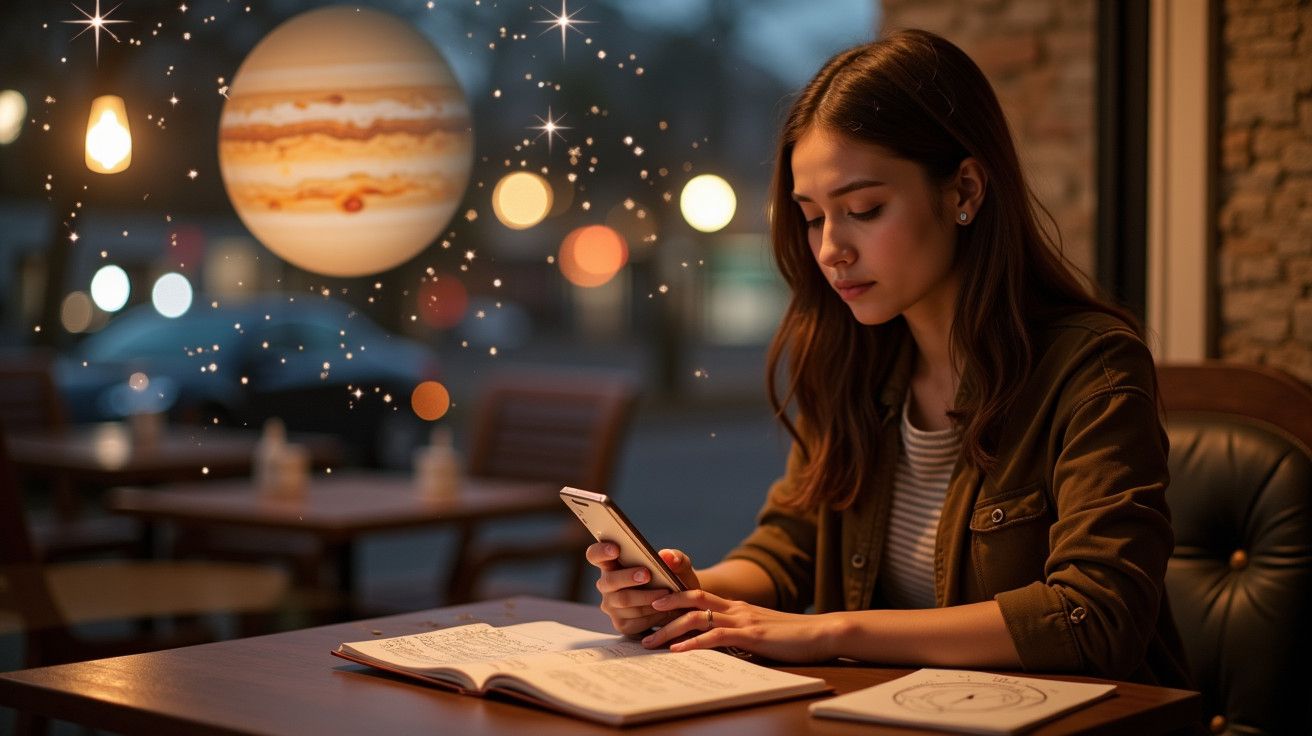 Mulher num café estuda com telemóvel, livro e tablet; planeta e estrelas flutuam ao seu redor.