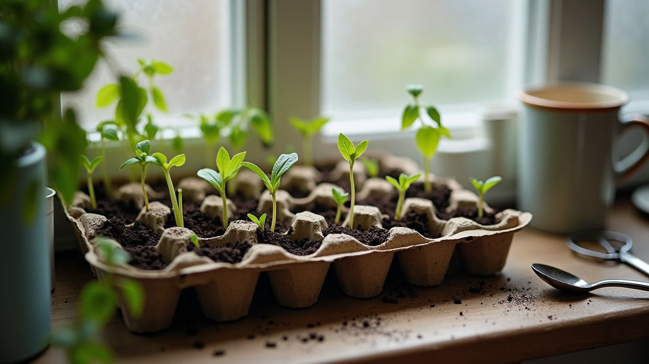 Caixa de ovos com pequenas mudas verdes em crescimento perto de uma janela, rodeada por utensílios de cozinha.