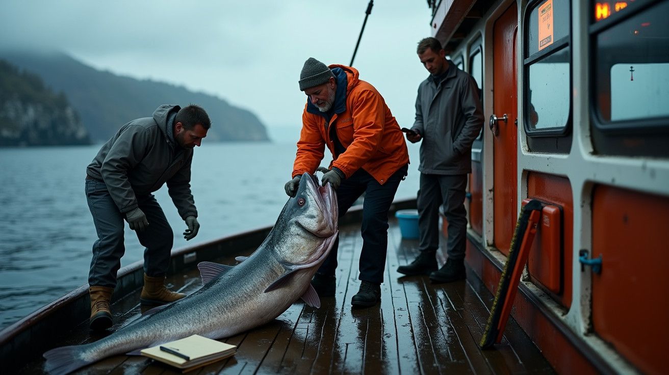 Três pescadores num barco de madeira seguram um peixe grande, com montanhas ao fundo e mar calmo.