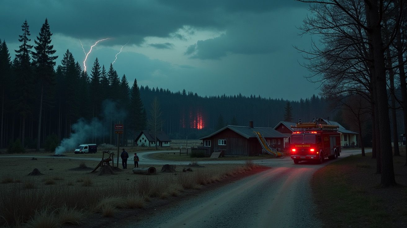 Caminhão de bombeiros em aldeia rural à noite com relâmpago e fogo ao fundo, céu nublado e árvores escuras.