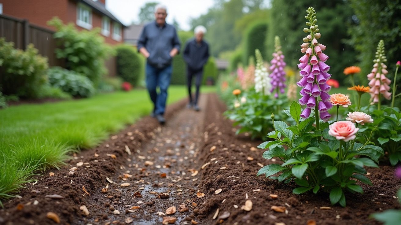 Homem e mulher a caminhar num jardim, ao lado de flores coloridas e canteiros de terra.