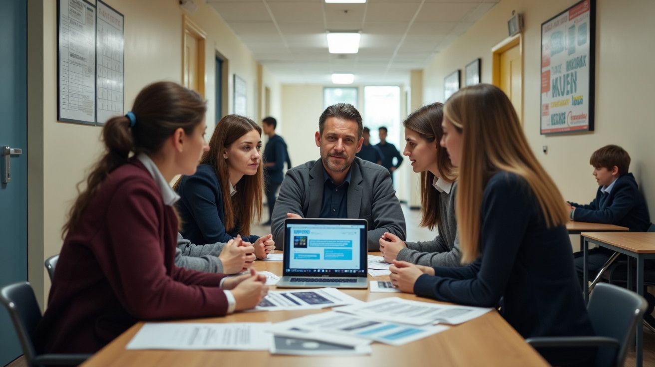 Grupo de pessoas em reunião numa escola, com um computador portátil e papéis sobre a mesa.