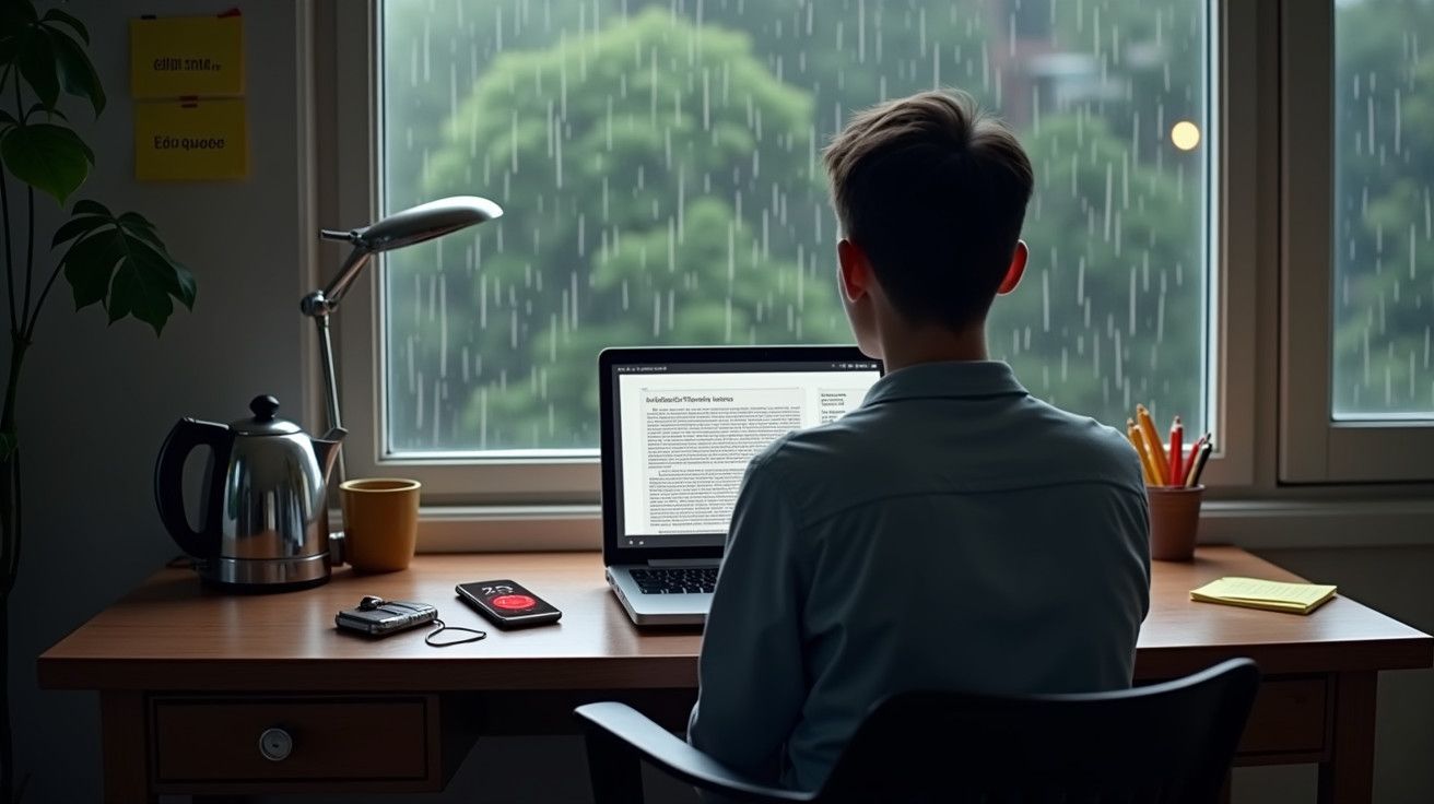 Pessoa sentada à secretária, usando um portátil, com chuva caindo fora da janela. Ambiente acolhedor e organizado.