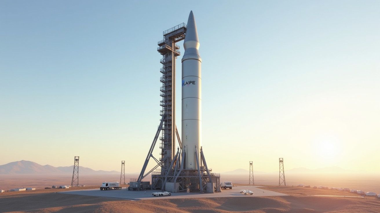 Foguete na plataforma de lançamento ao pôr do sol, com veículos ao redor e montanhas ao fundo.