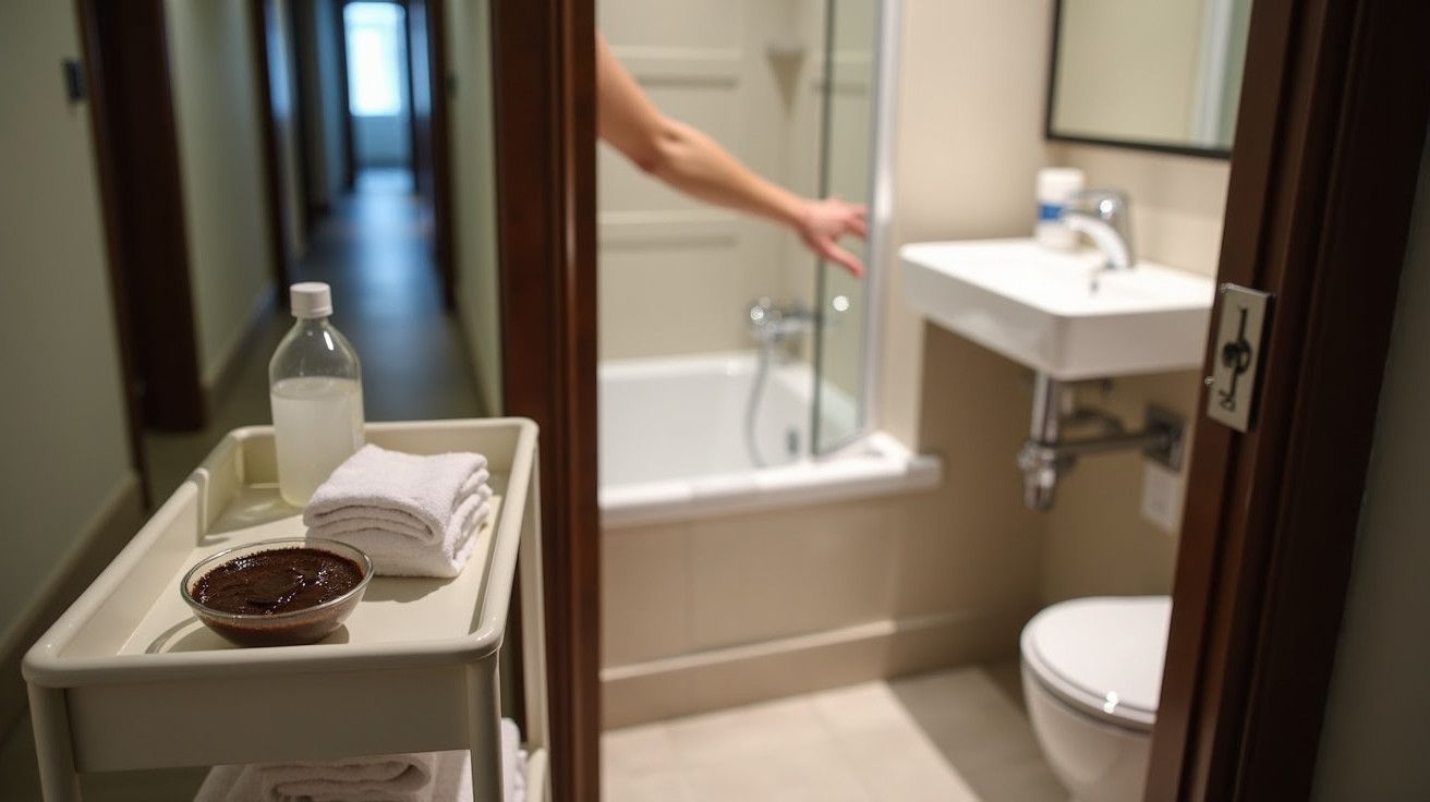 Carrinho com toalhas e garrafa à porta de casa de banho moderna; braço estendido na direção da banheira.