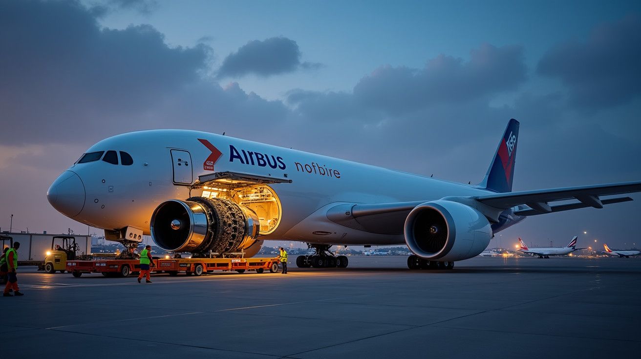 Avião no aeroporto ao entardecer com painel lateral aberto, mostrando motor. Funcionários no solo ao redor.