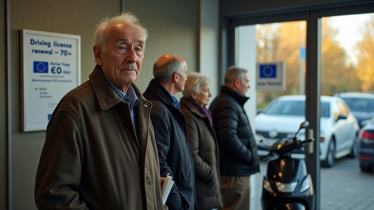 Homem idoso numa fila para renovação de carta de condução, com mais pessoas ao fundo e carros no exterior.