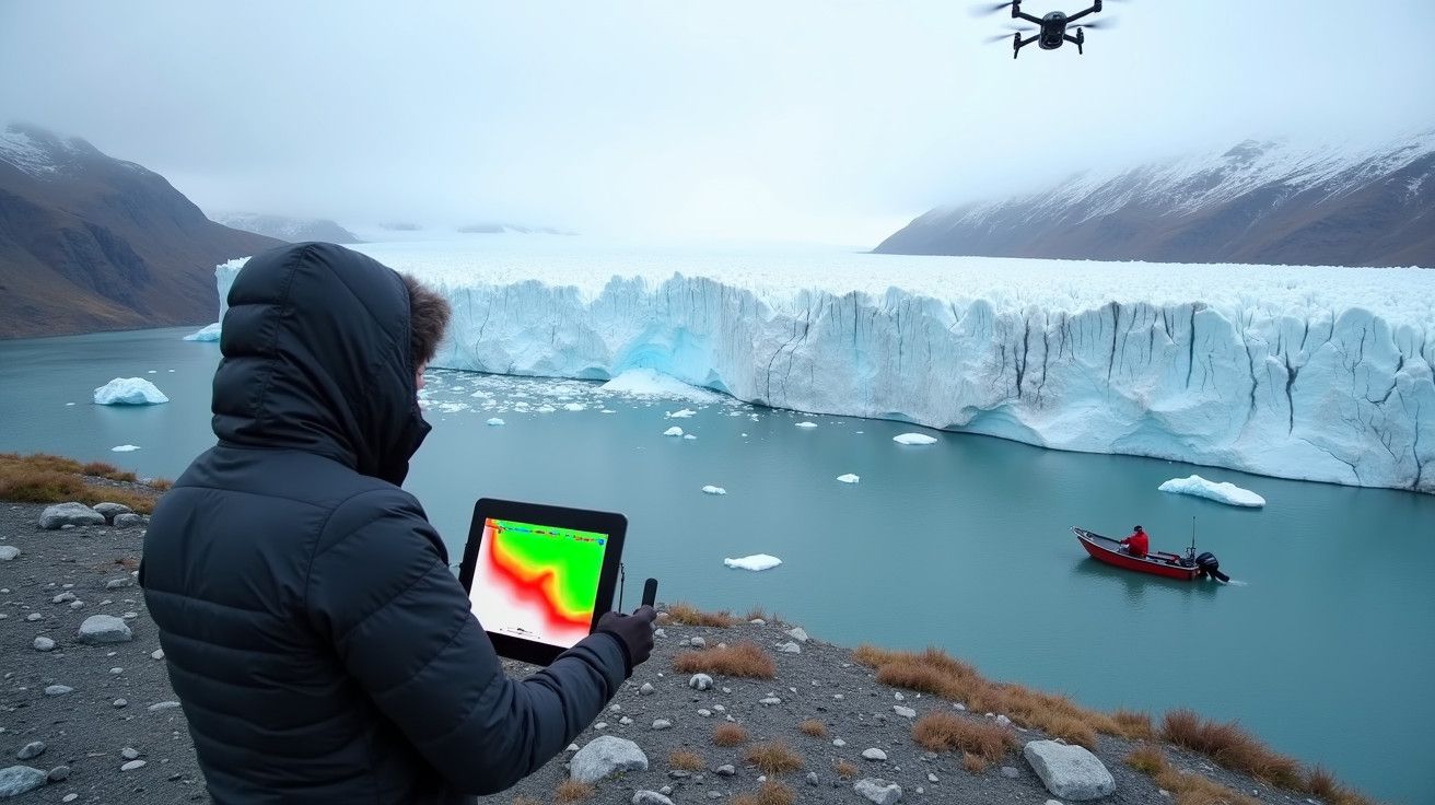 Pessoa com tablet controla drone perto de glaciar; barco pequeno no fiorde ao fundo.