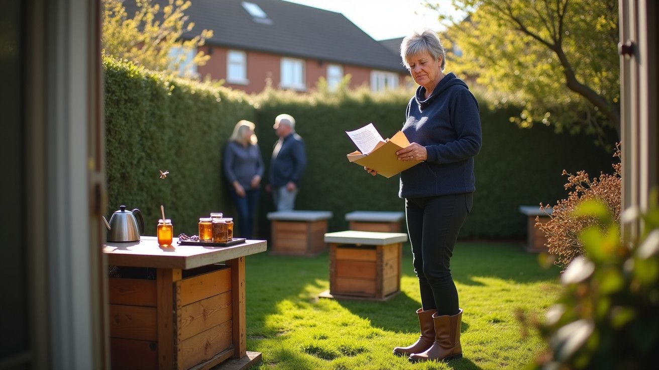 Mulher de cabelo grisalho num jardim lê documentos, próximo a colmeias e jarros de mel. Casal conversa ao fundo.