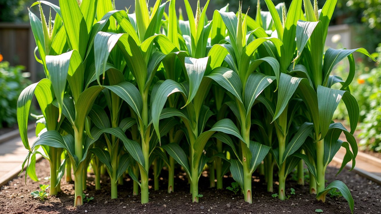 Milharal verde e saudável crescendo em linha num jardim bem cuidado.