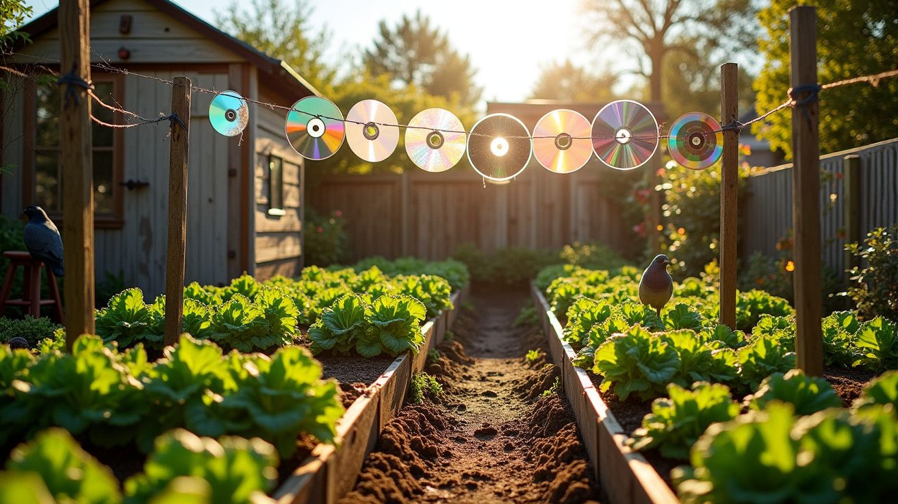 Horta ensolarada com alfaces e CDs pendurados numa linha, usados como espanta-pássaros. Pequeno galpão ao fundo.
