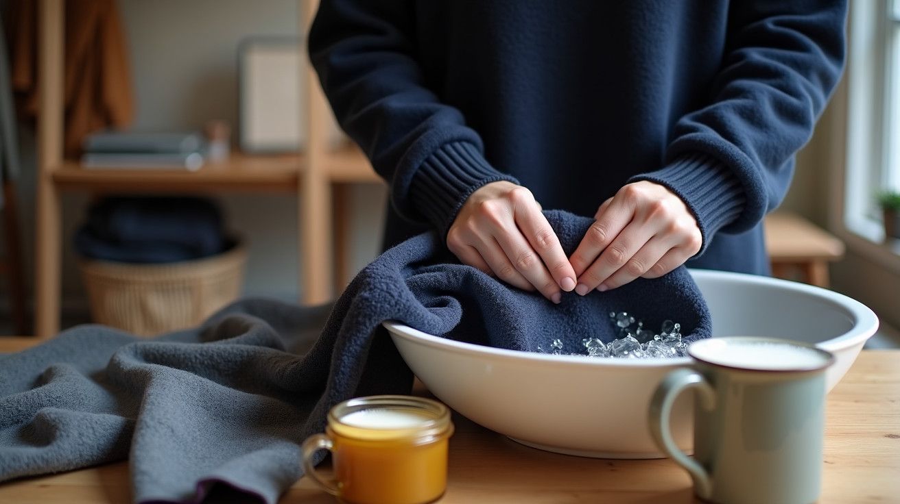 Close-up de mãos lavando roupa escura numa bacia branca, com velas e chá na mesa de madeira.