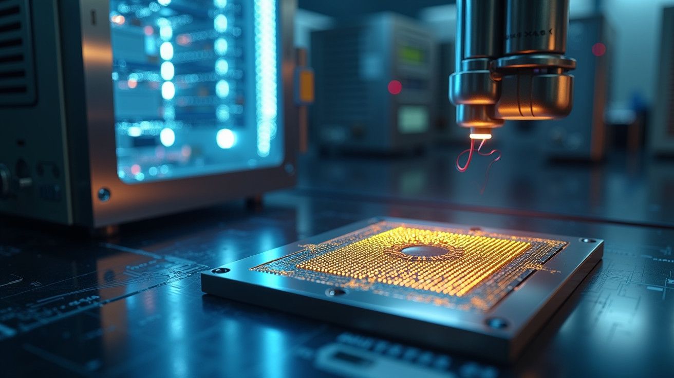 Processo de fabrico de chip com brasagem laser num laboratório tecnológico avançado.