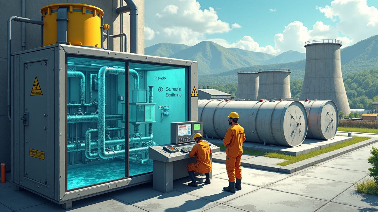 Dois trabalhadores em frente a um painel de controlo numa central industrial com montanhas ao fundo.