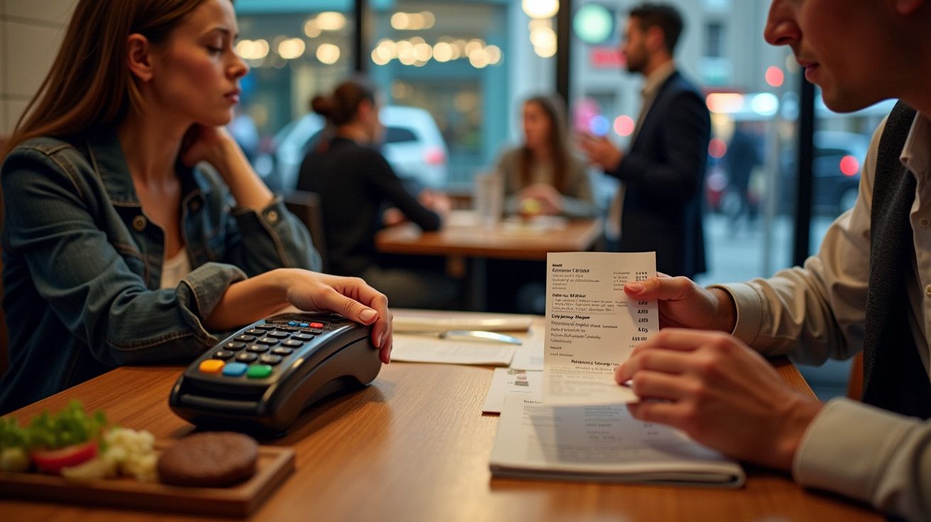 Cliente paga refeição segurando terminal de pagamento enquanto revê a fatura no restaurante.