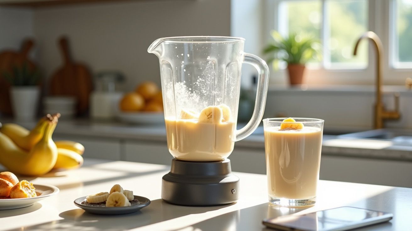 Liquidificador com batido de banana sobre bancada, ao lado de um copo com batido e pratos com fruta em cozinha iluminada.