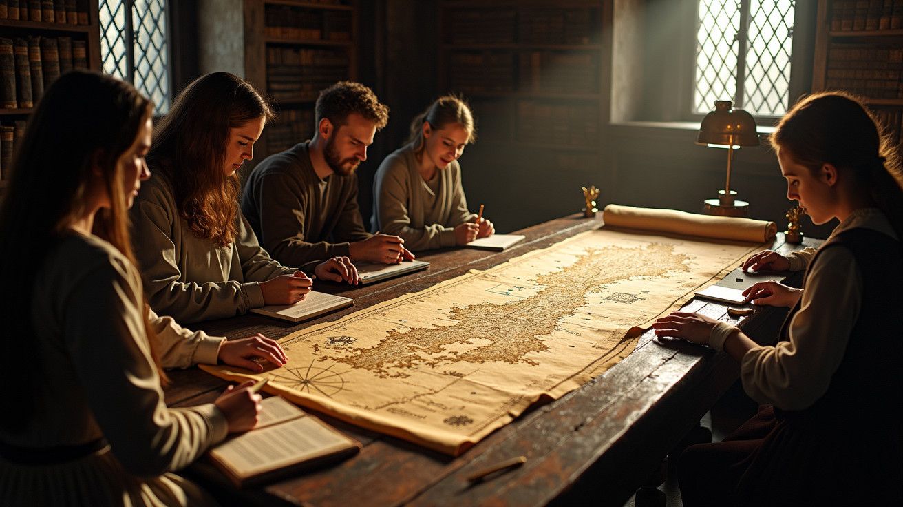 Cinco pessoas estudam um mapa antigo numa mesa de madeira numa biblioteca iluminada por luz suave.