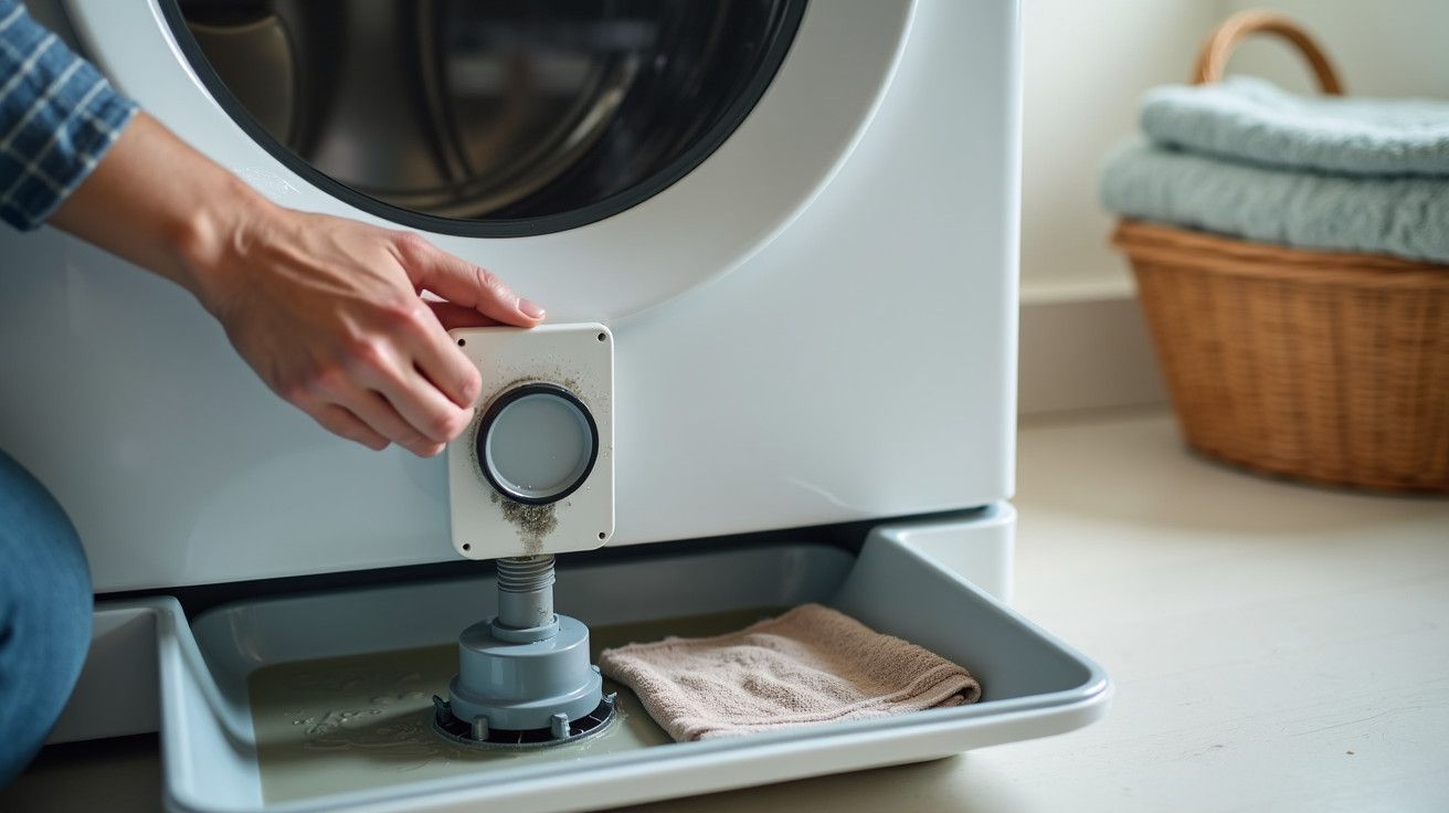 Mão ajusta filtro de máquina de lavar com bandeja embaixo para coletar água, cesto de roupa ao fundo.