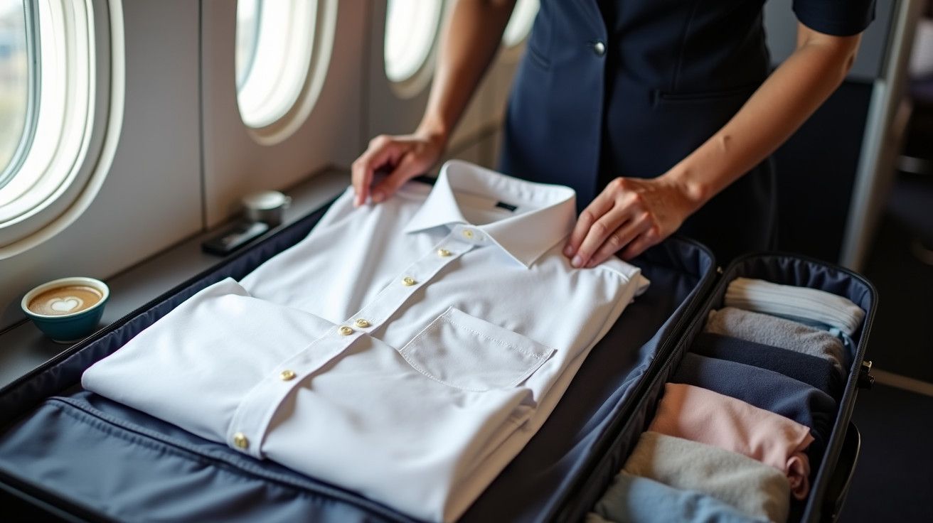 Pessoa a dobrar camisa branca numa mala aberta, com chávena de café ao lado, num avião.