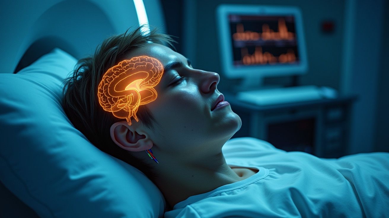 Pessoa deitada num hospital com holograma de cérebro iluminado, ecrã de monitor ao fundo.