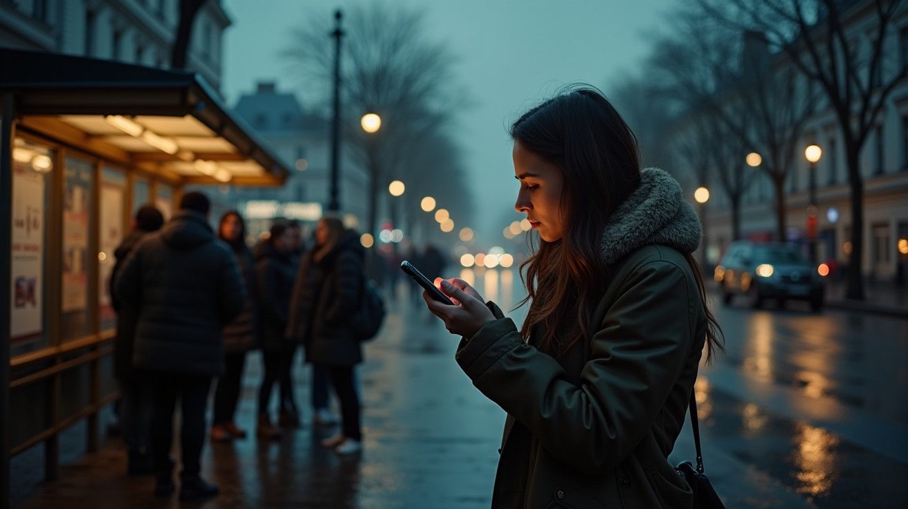 Mulher de casaco verde verifica telemóvel numa rua à noite, luzes difusas ao fundo.
