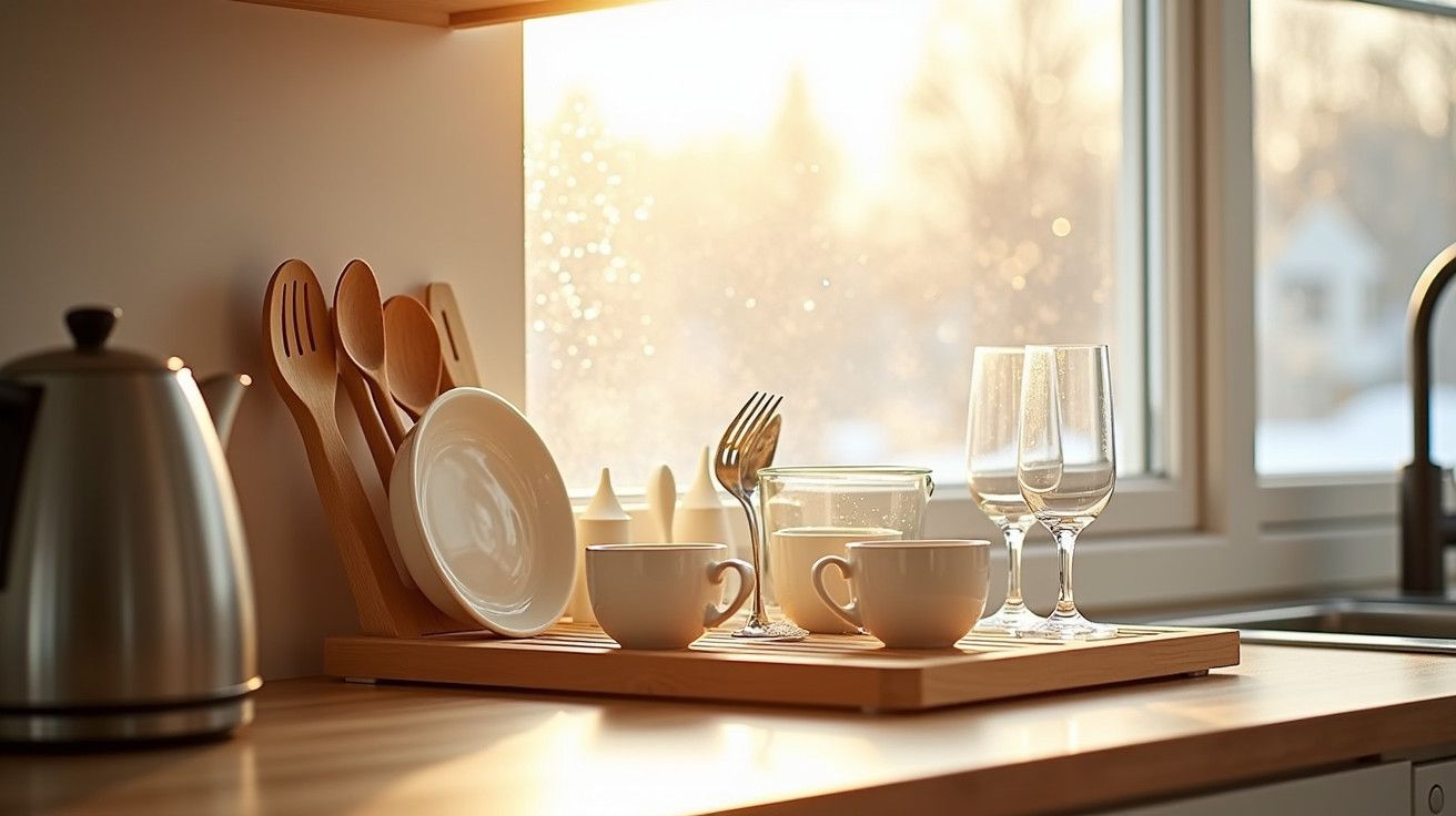 Utensílios de cozinha e louça em bancada de madeira iluminada pela luz do sol através da janela.