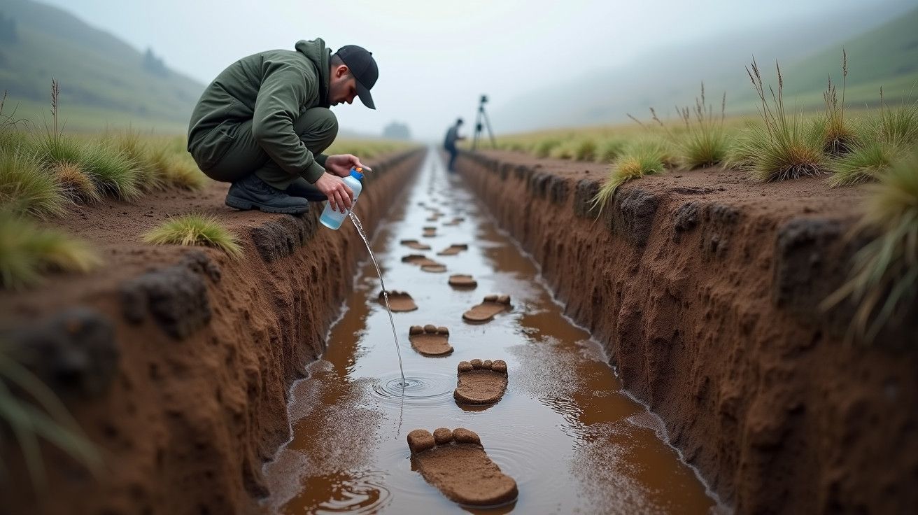 Homem ajoelhado num canal de lama, cria pegadas de pés grandes com água. Fundo montanhoso e nevoeiro.