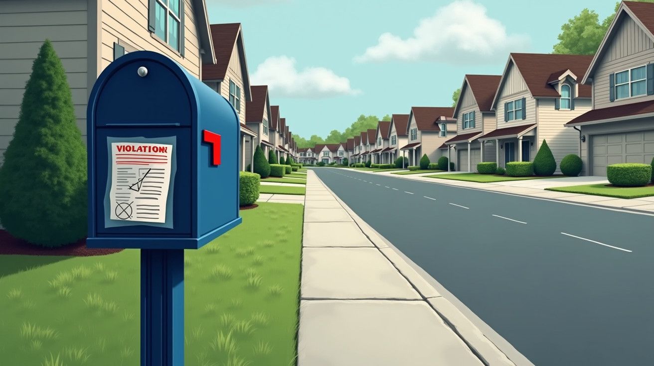 Caixa de correio azul com aviso de violação numa rua residencial alinhada com casas modernas e jardins verdes.