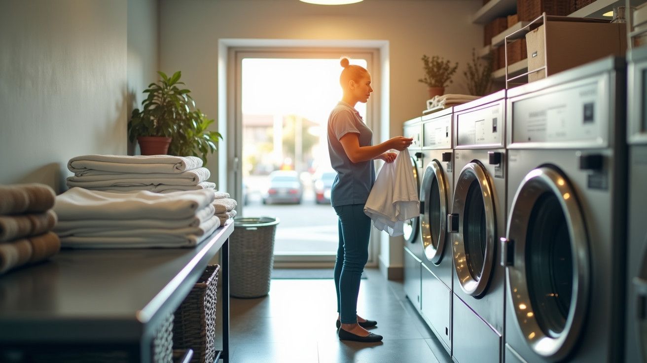 Mulher utilizando máquinas de lavar roupa num espaço iluminado, com toalhas dobradas numa mesa à esquerda.