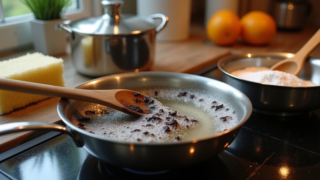 Tacho em fogão com molho fervente e colher de pau, laranja e esponja ao fundo.