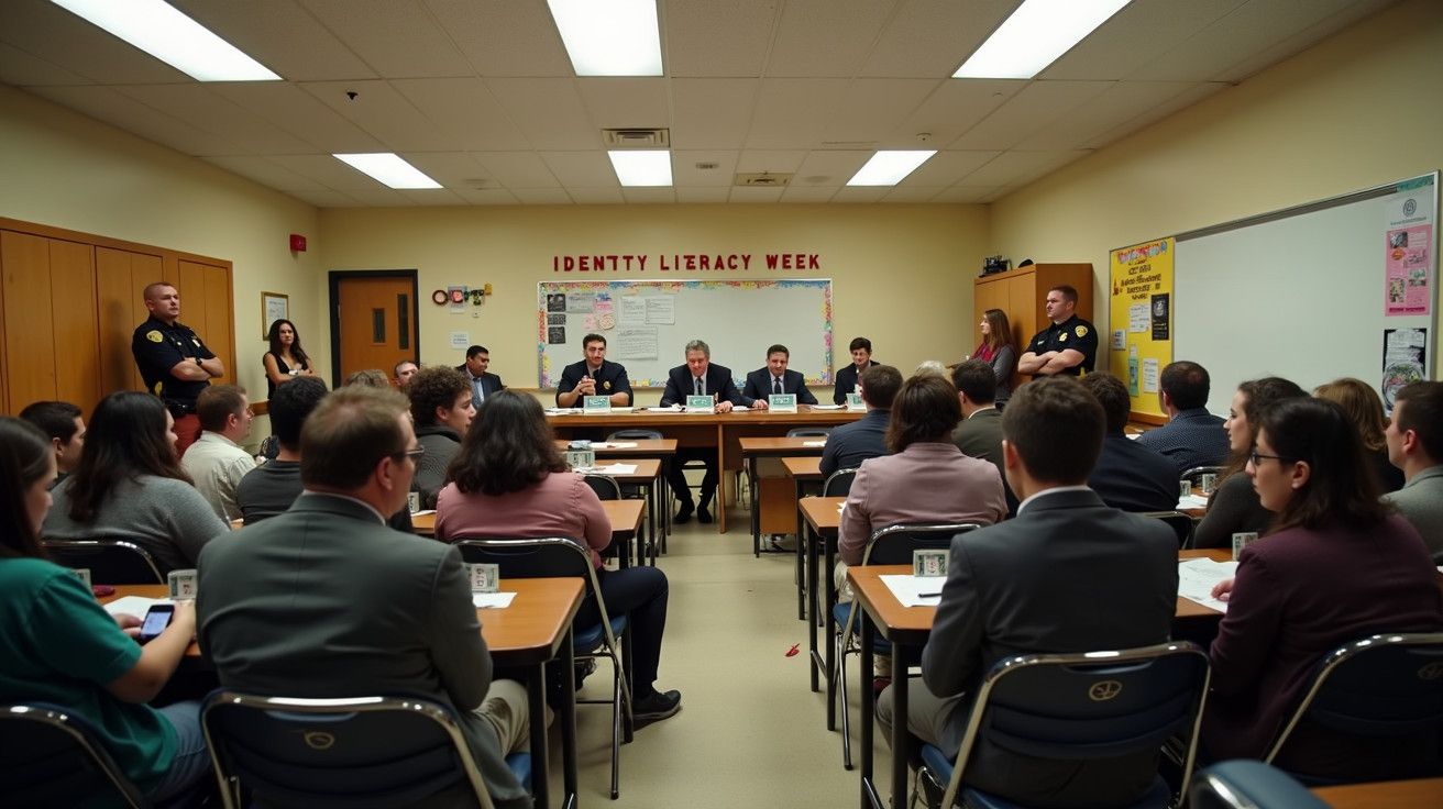 Reunião formal numa sala com várias pessoas, incluindo oradores sentados, polícias e audiência atenta.