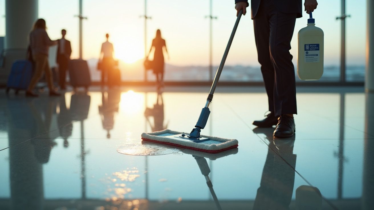 Pessoa a limpar o chão num aeroporto iluminado pelo sol, com passageiros e malas ao fundo.