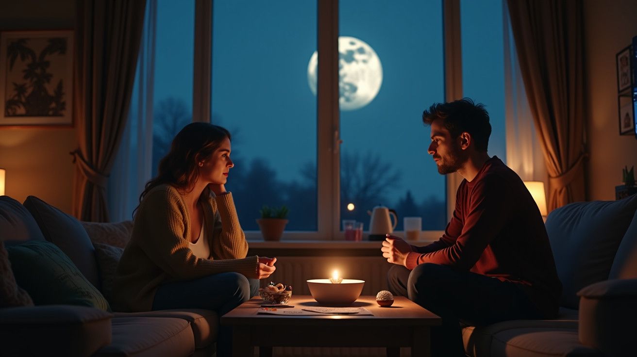 Duas pessoas conversam à luz de velas num sofá, com uma grande lua cheia visível pela janela ao fundo.