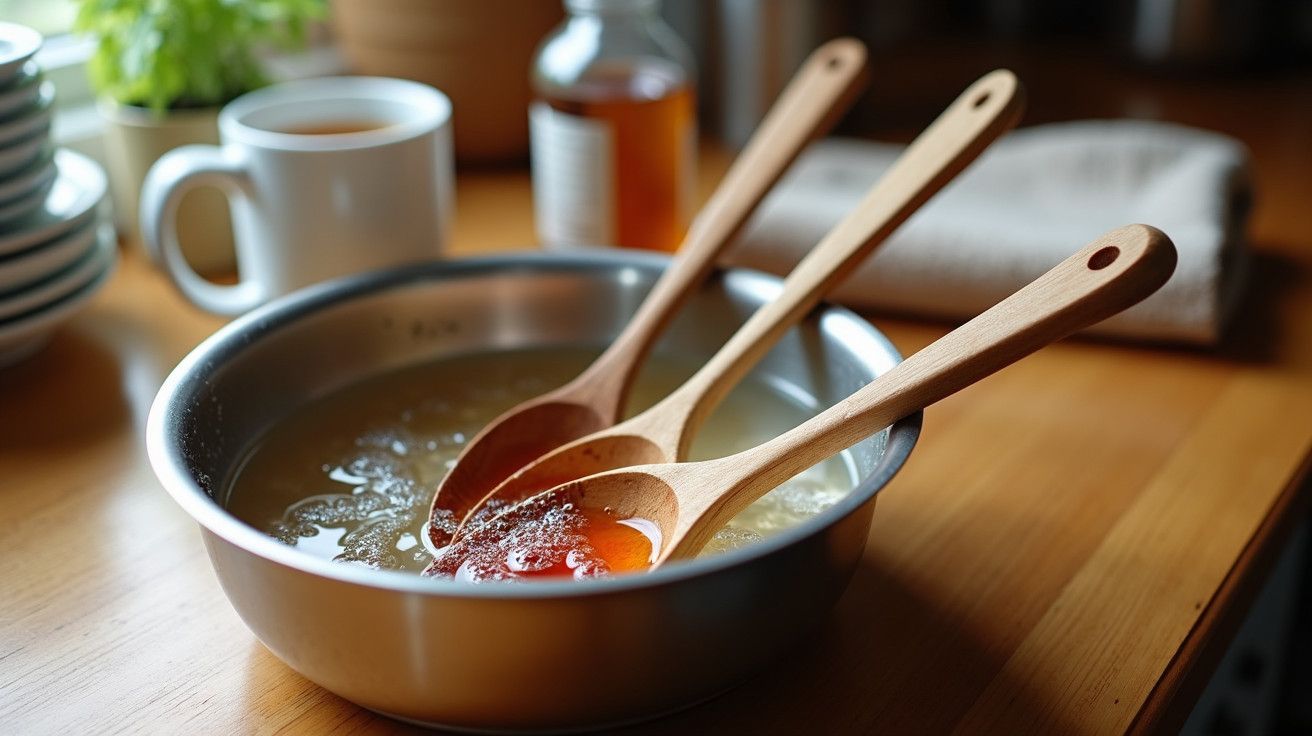 Três colheres de madeira numa tigela de metal com líquido, chávena ao fundo numa mesa de madeira iluminada.