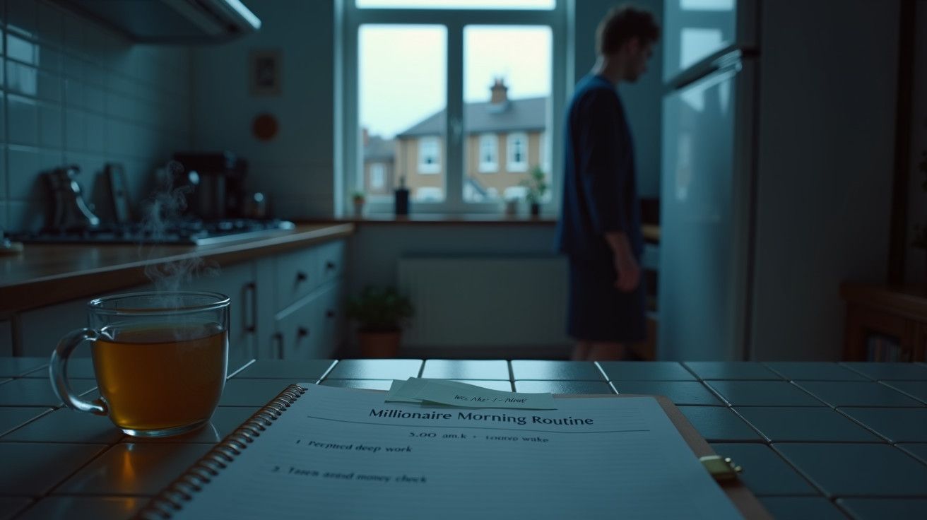 Caderno com "Millionaire Morning Routine" na cozinha; homem desfocado ao fundo e chá quente na mesa.