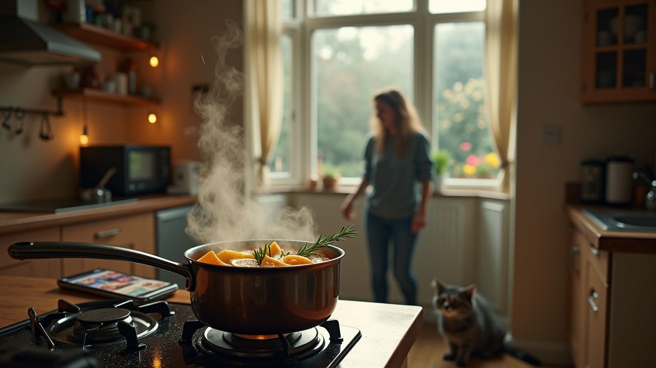 Panela a ferver com ervas e citrinos na cozinha, mulher desfocada ao fundo e gato no chão.