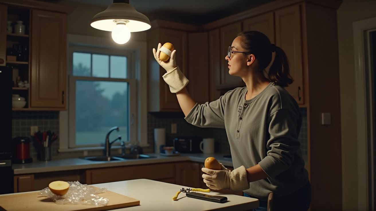 Mulher na cozinha segurando cebolas sob luz pendente, usa luvas grossas, com utensílios e janela ao fundo.