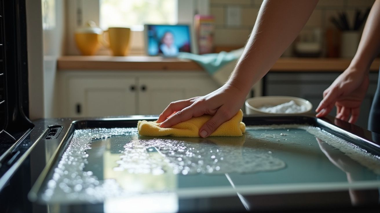 Mão limpa superfície interior de um forno com um pano amarelo, numa cozinha iluminada.
